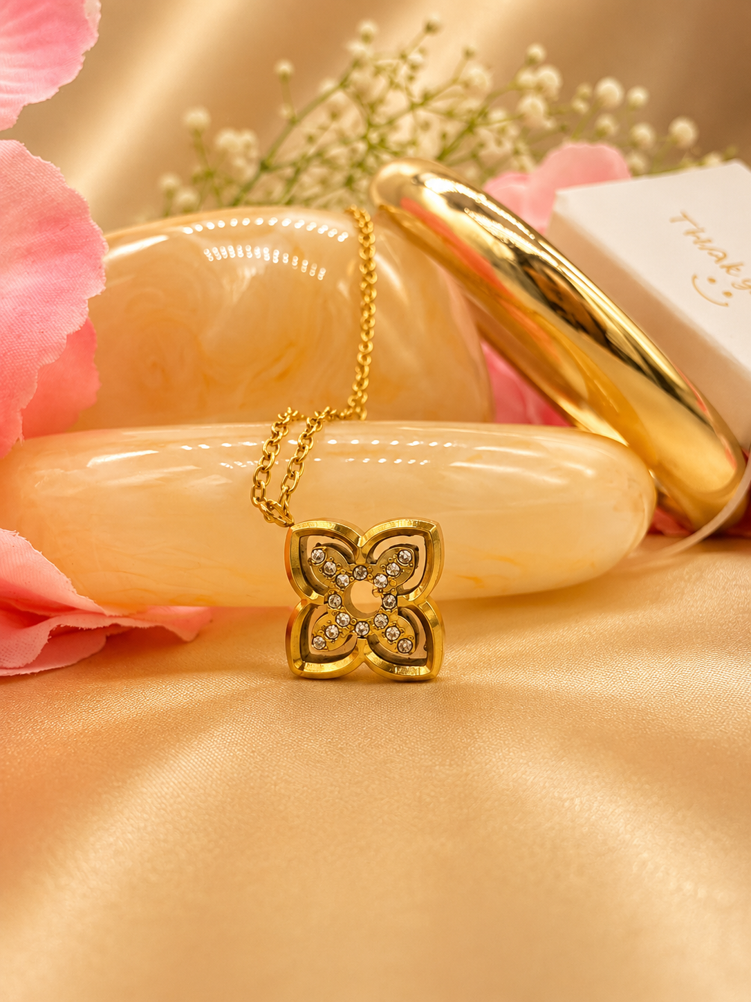 Golden Crystal Clover Pendant Necklace
