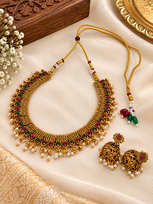Antique Gold Ruby Green Choker Necklace Set
