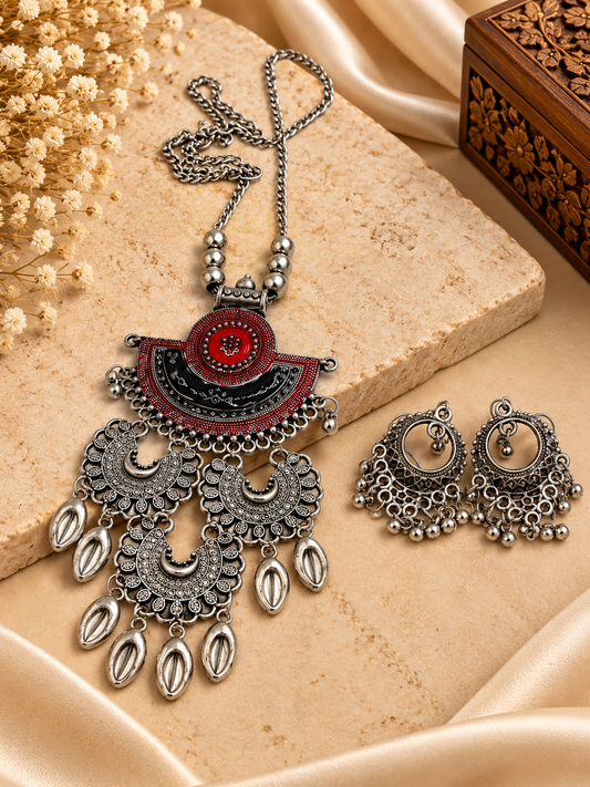 Oxidized Silver Red Sunburst Tribal Necklace Set