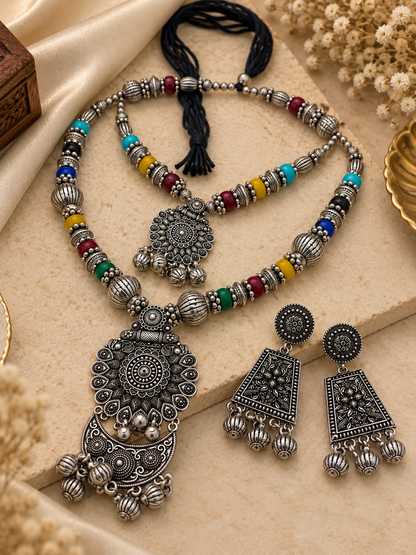 Multicolor Beaded Oxidized Silver Layered Necklace Set