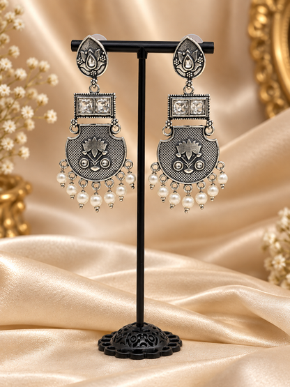 Silver Tribal Pearl Drop Earrings