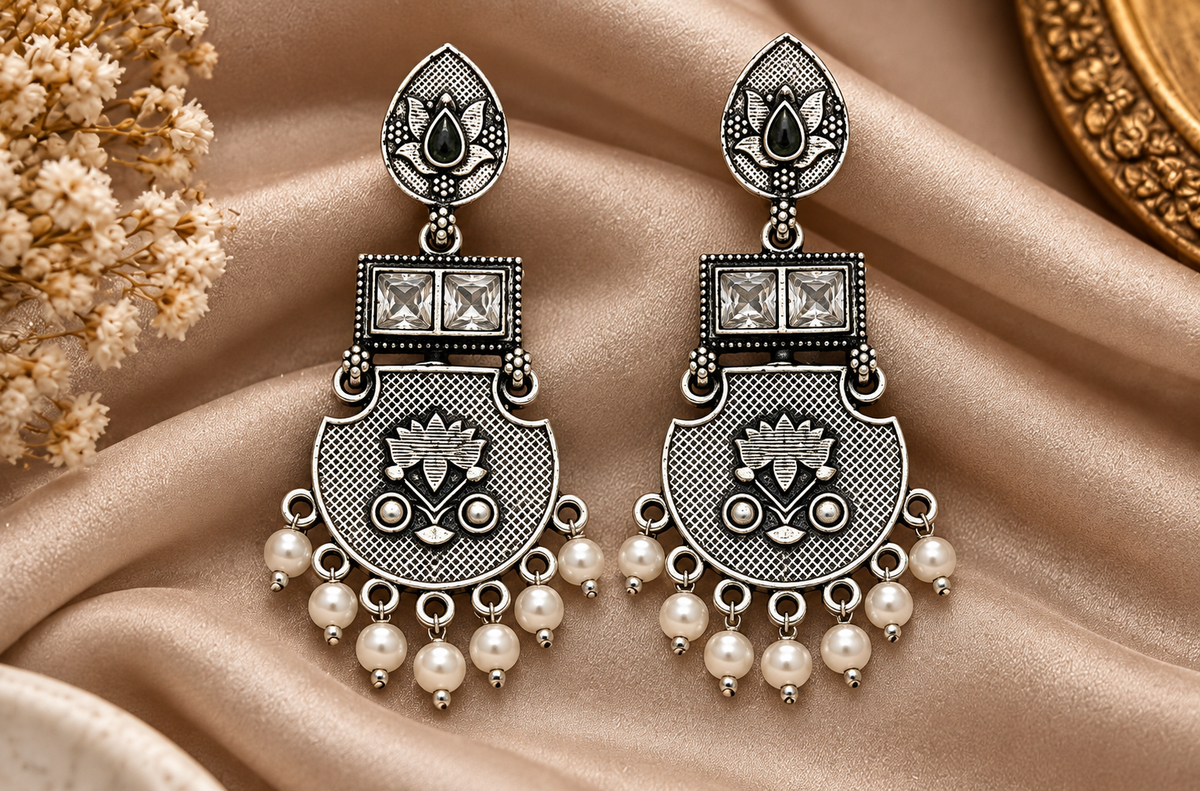 Silver Tribal Pearl Drop Earrings