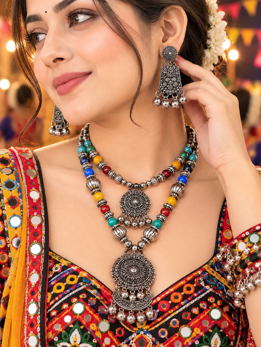 Multicolor Beaded Oxidized Silver Layered Necklace Set