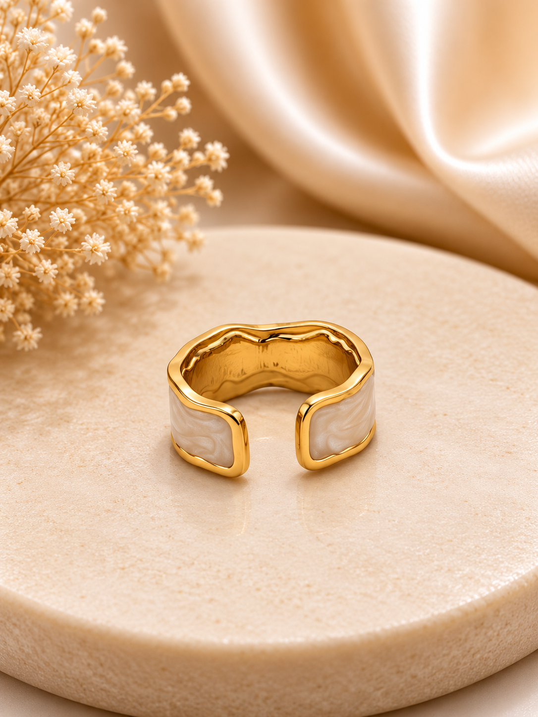 Golden White Wave Adjustable Ring