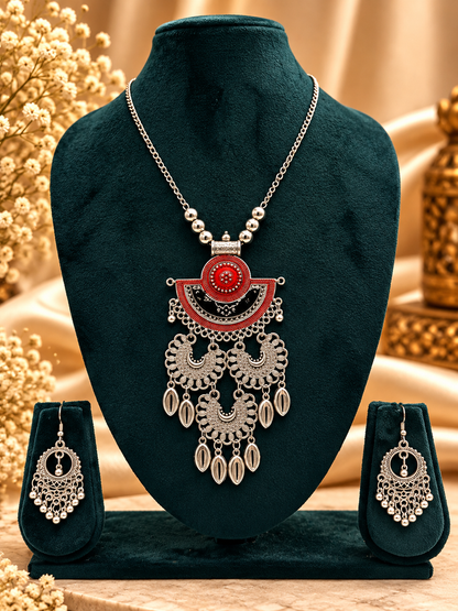 Oxidized Silver Red Sunburst Tribal Necklace Set