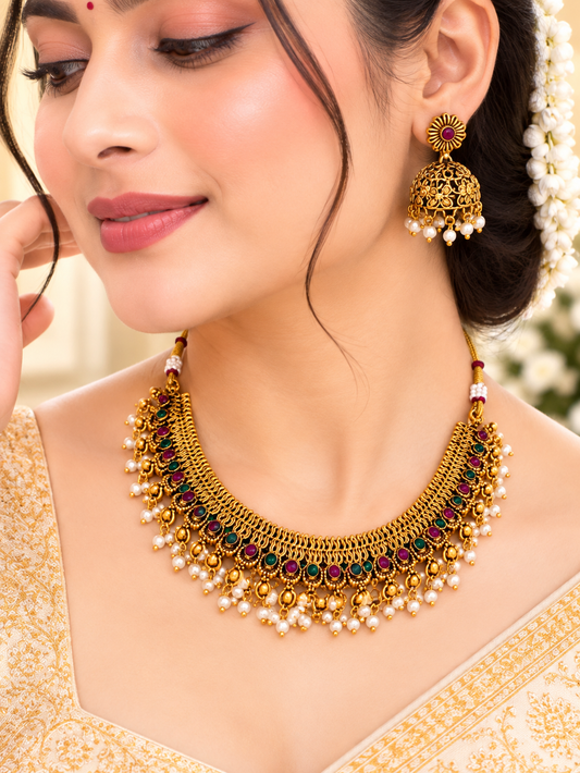 Antique Gold Ruby Green Choker Necklace Set