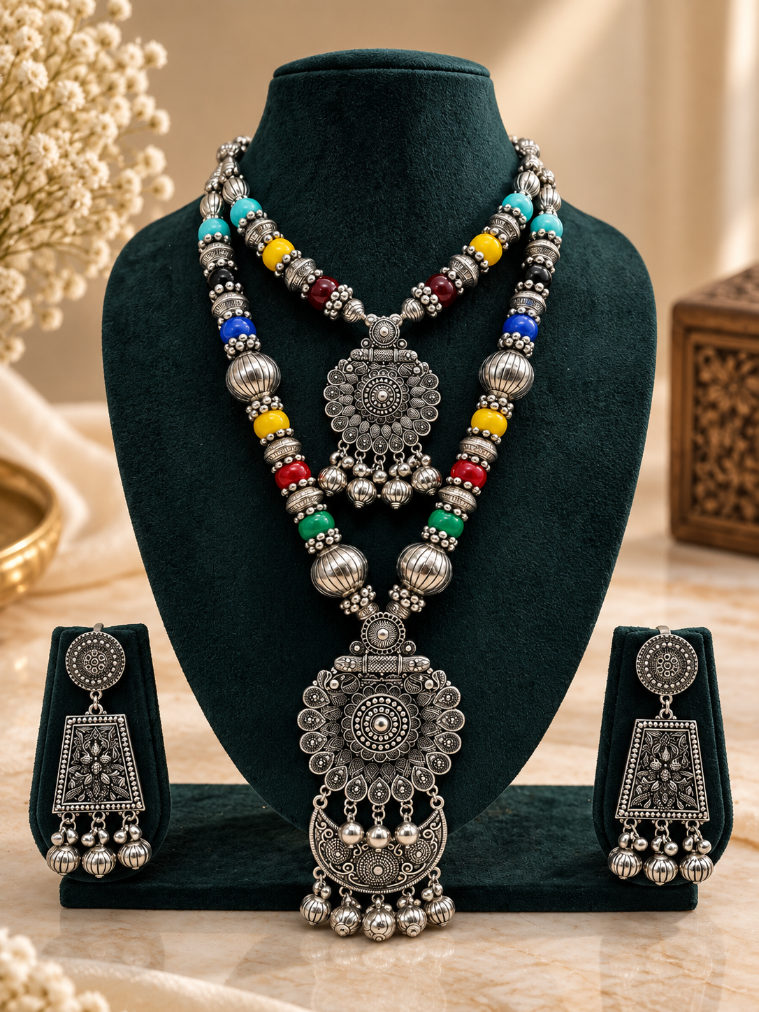 Multicolor Beaded Oxidized Silver Layered Necklace Set