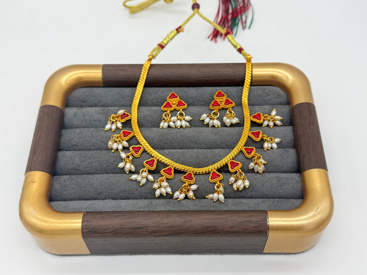Traditional Ruby Floral Pearl Necklace Set