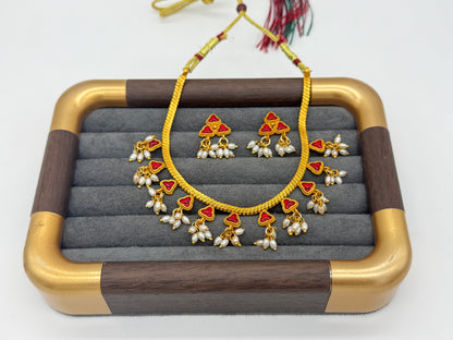 Traditional Ruby Floral Pearl Necklace Set