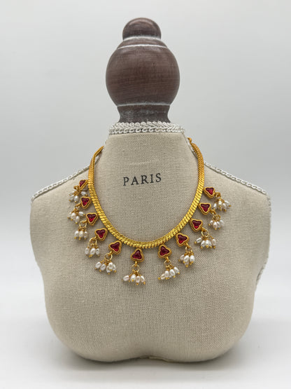 Traditional Ruby Floral Pearl Necklace Set