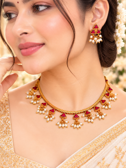 Traditional Ruby Floral Pearl Necklace Set