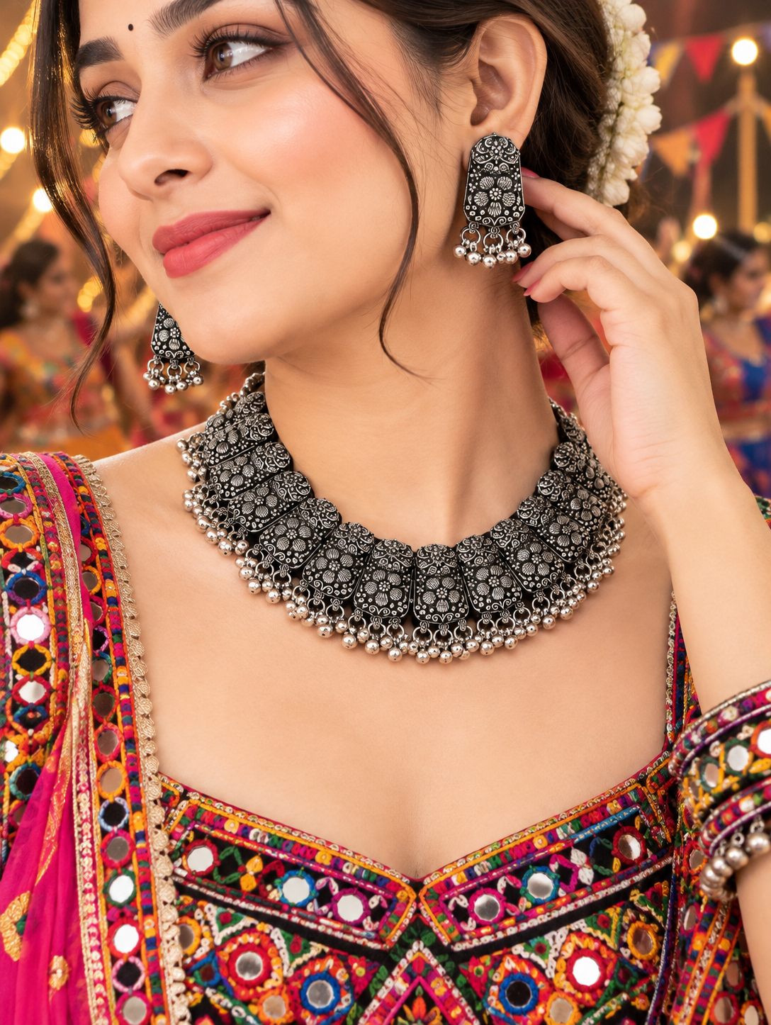 Multicolor Beaded Oxidized Silver Layered Necklace Set