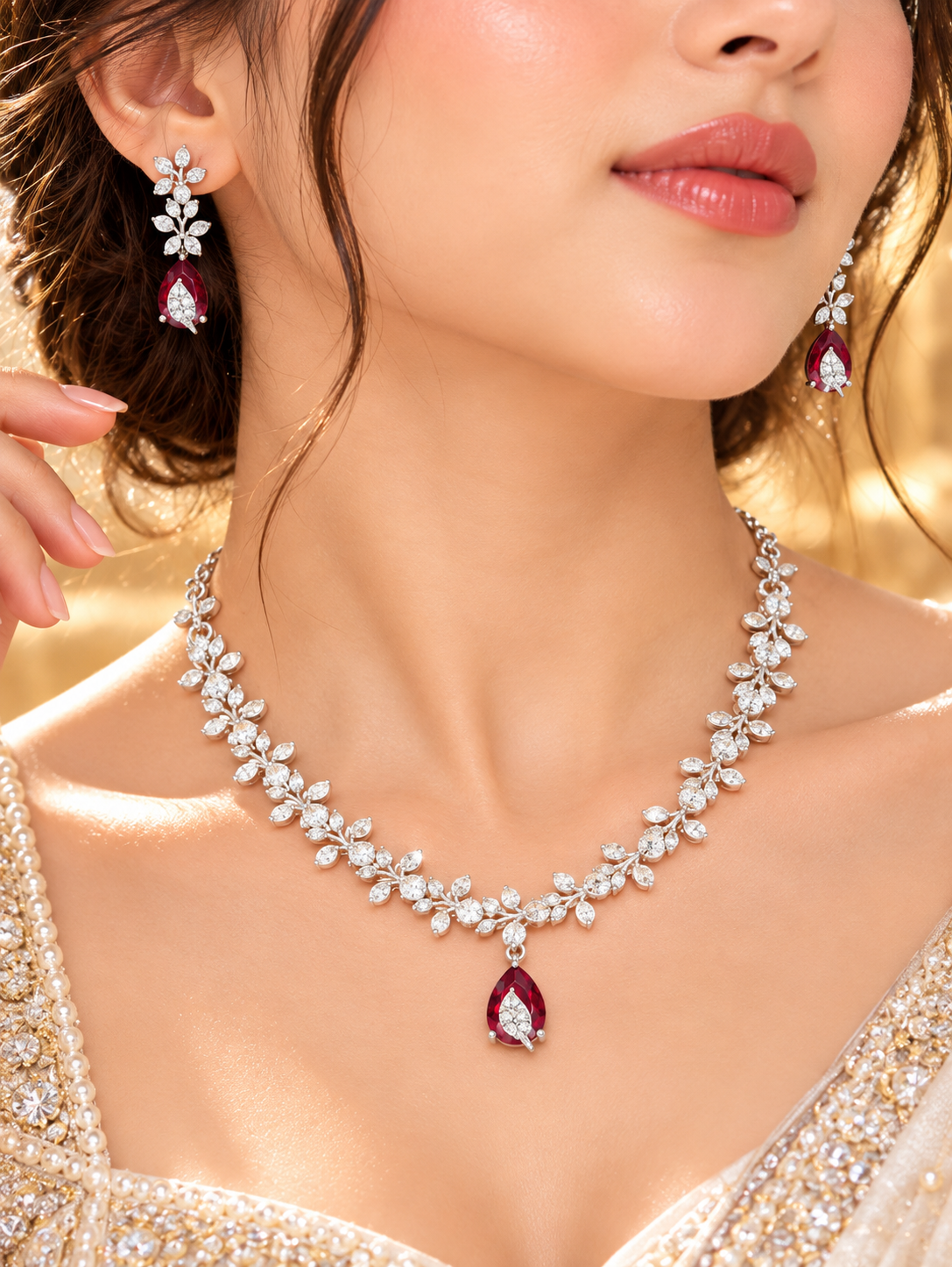 Ruby Leaflet Teardrop American Diamond Necklace Set