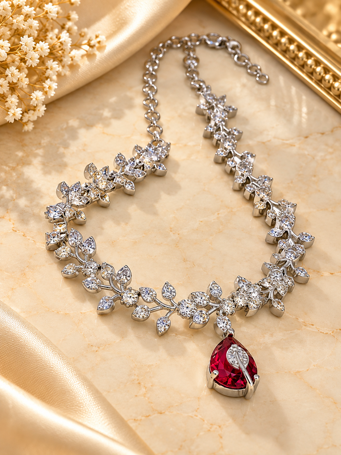 Ruby Leaflet Teardrop American Diamond Necklace Set