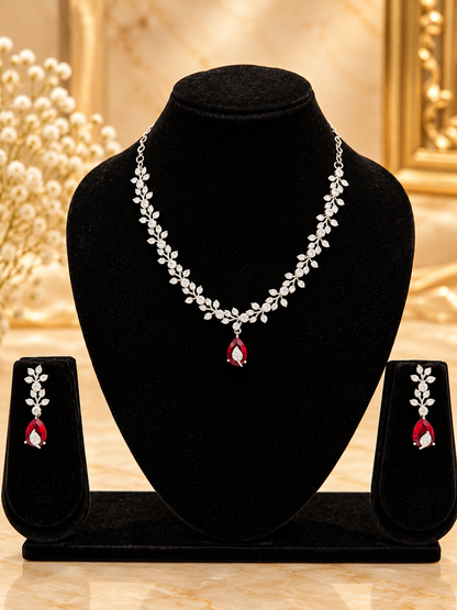 Ruby Leaflet Teardrop American Diamond Necklace Set