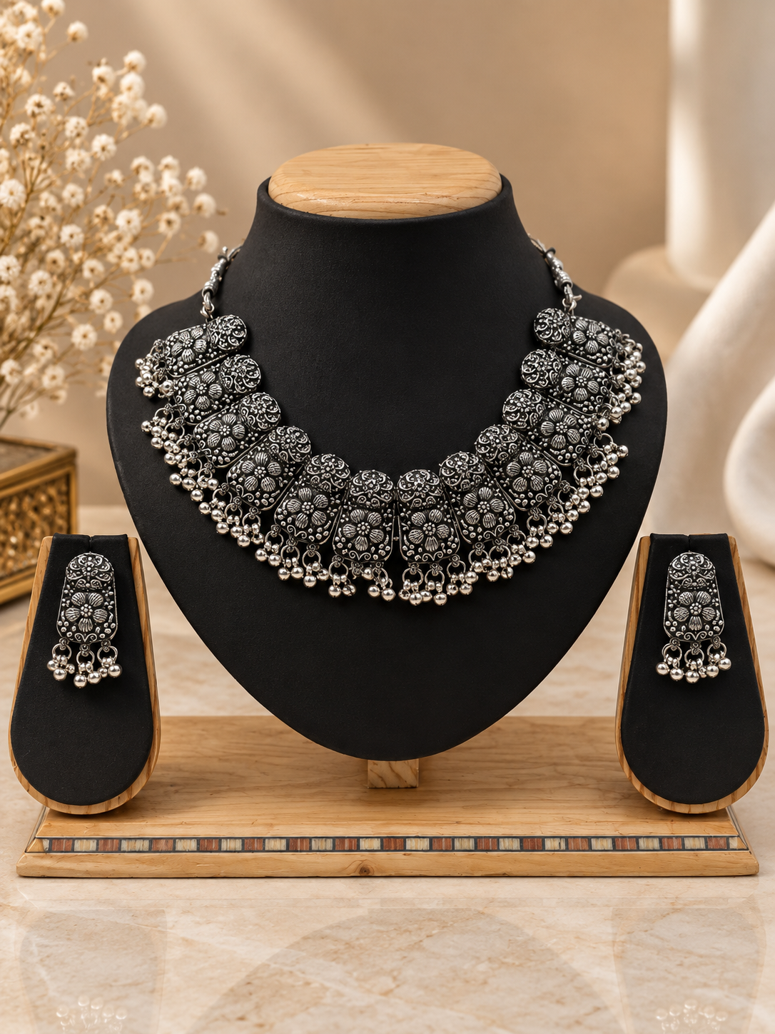 Multicolor Beaded Oxidized Silver Layered Necklace Set