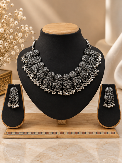 Multicolor Beaded Oxidized Silver Layered Necklace Set
