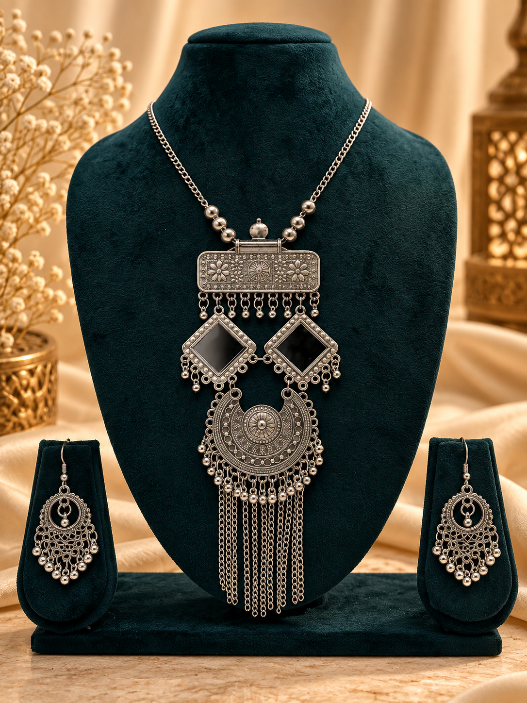 Oxidized Silver Geometric Cascade Necklace Set