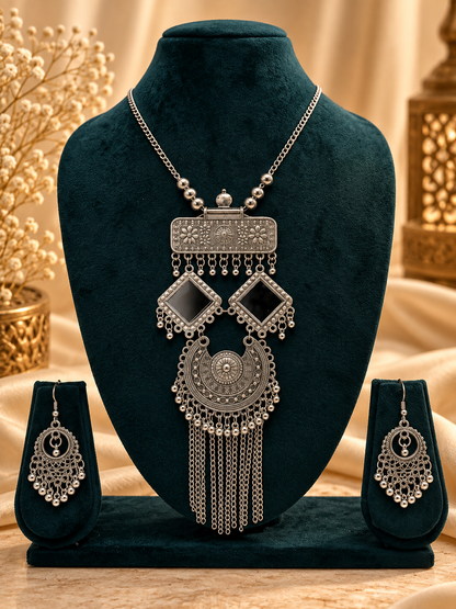 Oxidized Silver Geometric Cascade Necklace Set