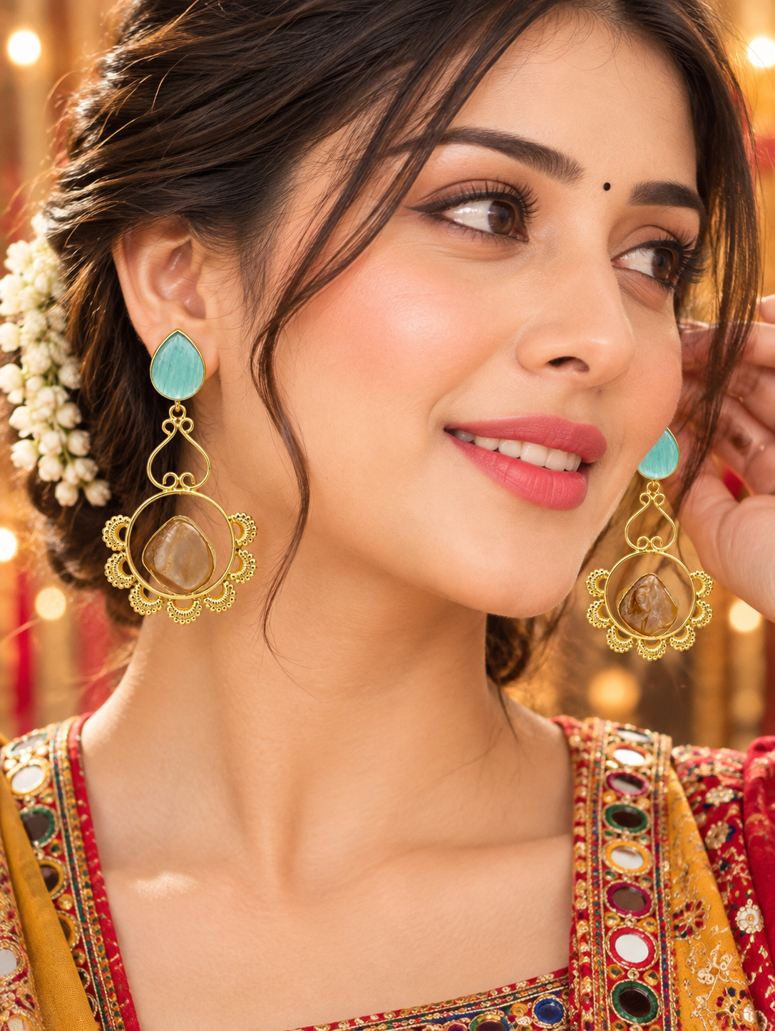 Blue Stone Gold Hoop Earrings
