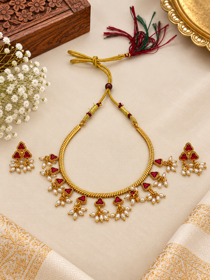 Traditional Ruby Floral Pearl Necklace Set