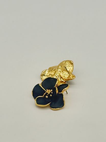 Black Blossom Gold Stud Earrings