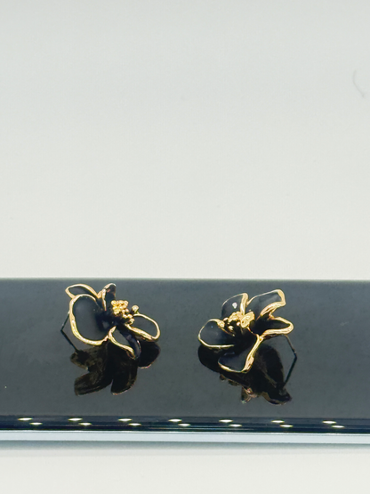 Black Blossom Gold Stud Earrings