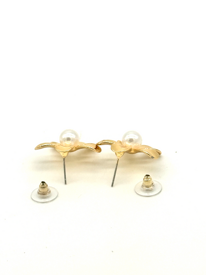 Gold Pearl Petal Stud Earrings