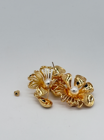 Gold Plated Pearl Floral Stud Earrings